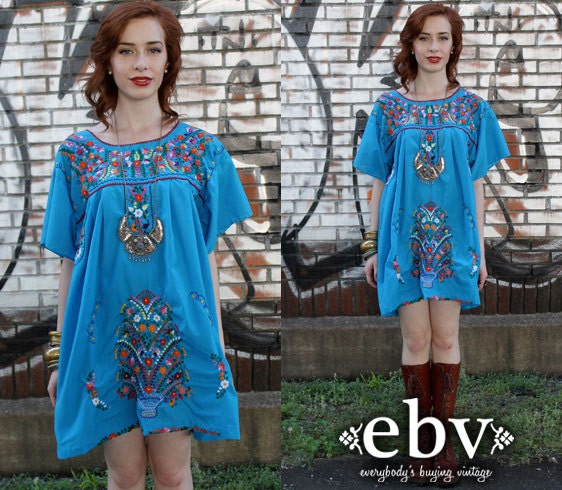 Vintage 70s Blue Mexican Embroidered Hippie Boho Mini Dress L XL Plus Size