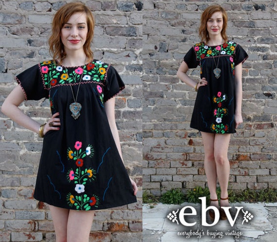 Vintage 70's Black Mexican Embroidered Hippie Boho Mini Dress S M