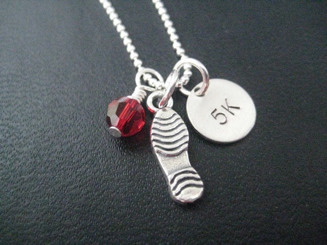 LOVE to RUN 5k - 16 inch Sterling Silver Running Necklace - Choose Flat Shoe Print or 3D Running Shoe - Choose Heart or Crystal