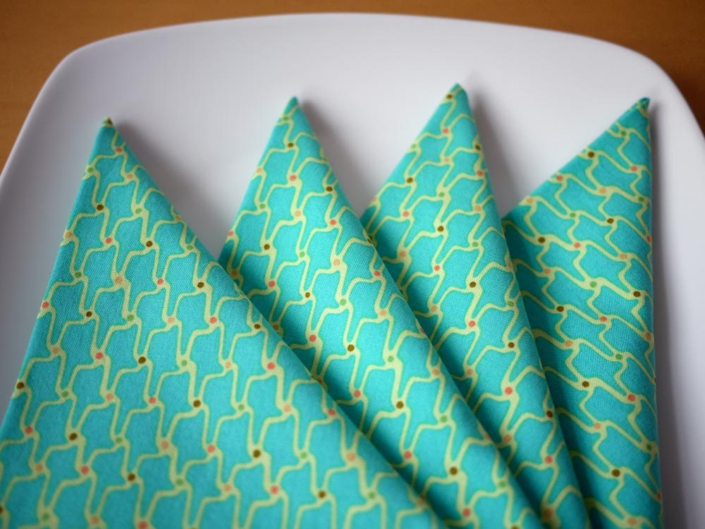 Teal Groove Print Reusable Cloth Dinner Napkins - Set of 4 - Wedding Gift, Housewarming Gift