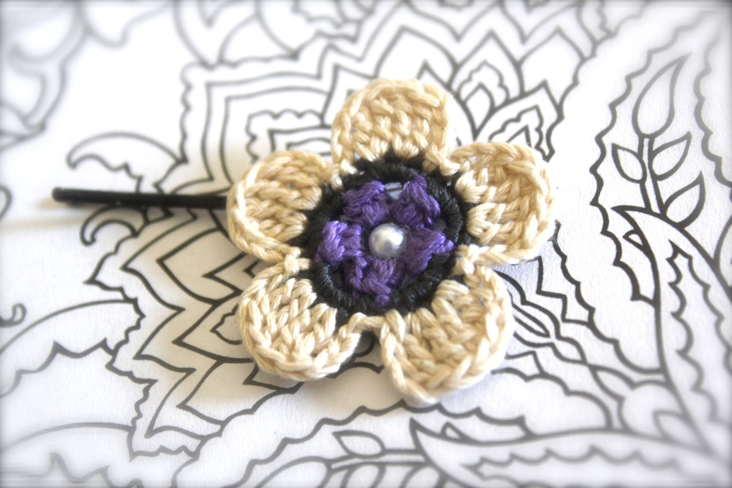Crochet Flower Hair Pin, Purple, Gray and Cream