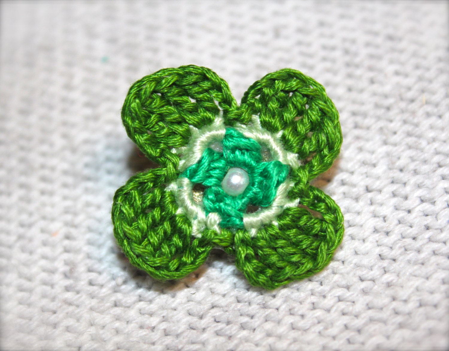 Crochet Four Leaf Clover Pin, Green