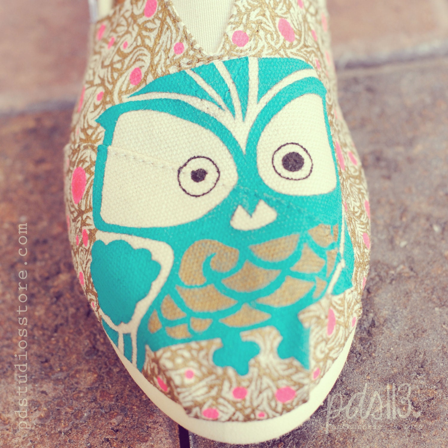 Custom Hand painted Toms, Gold Pink and Teal Owl Custom Tom Design, any color any style front and side design only -