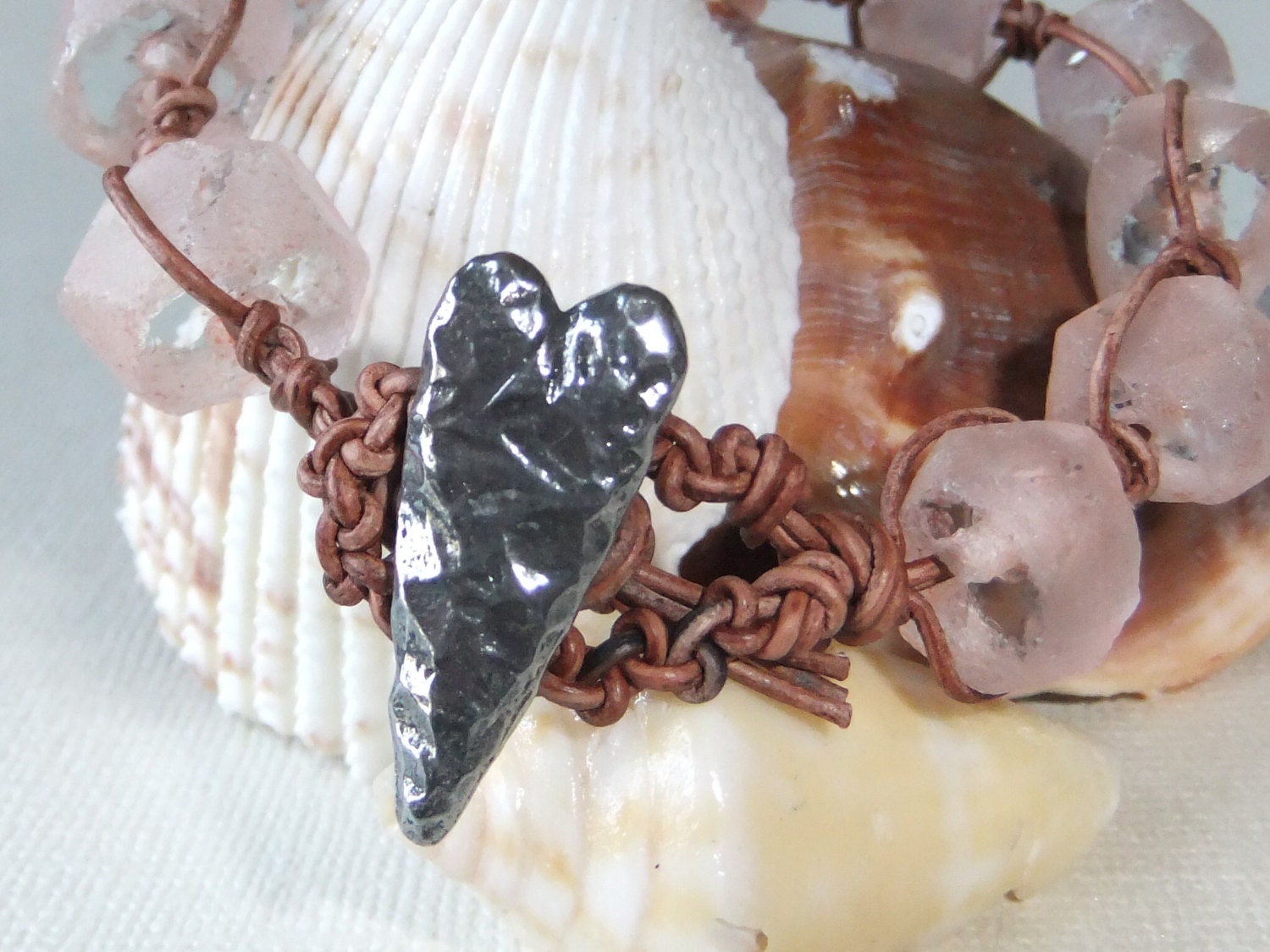 Woven Leather Bracelet "Playa Rosada" Blush Pink Heart Recycled Glass Boho Macrame Surfer Style "Betty Bracelet"
