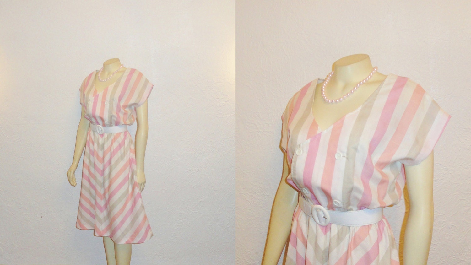 Vintage Dress 70s Jane Barr Nautical Striped Dress Pink Peach Beige & White Modern Medium to Large