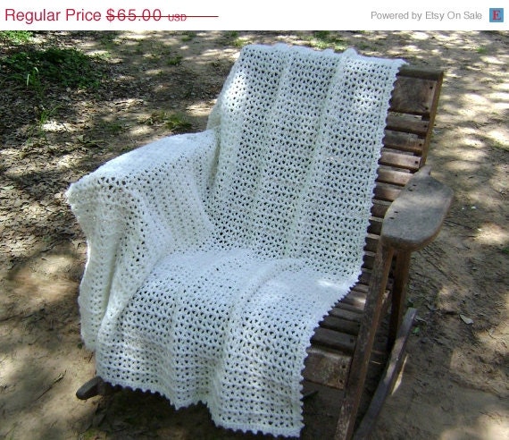 ON SALE Crochet Afghan Throw Blanket Lap Blanket Soft White