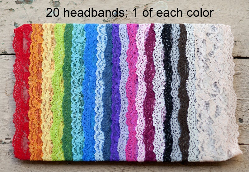 2" Lace Headbands - Wholesale Stretch Lace Headbands - Set of 20 - 1 of Each Color - Baby Headbands - Elastic Lace Headbands