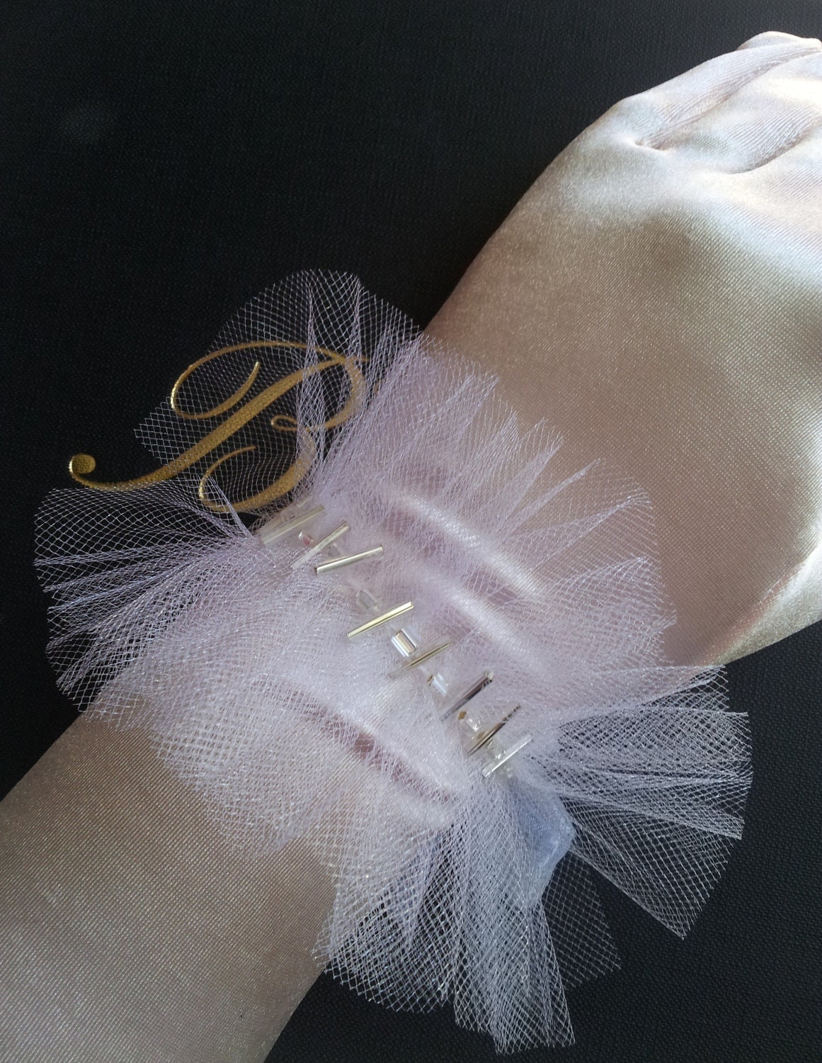 White Gathered Tulle and Organza Beaded Bracelet- "Laura"