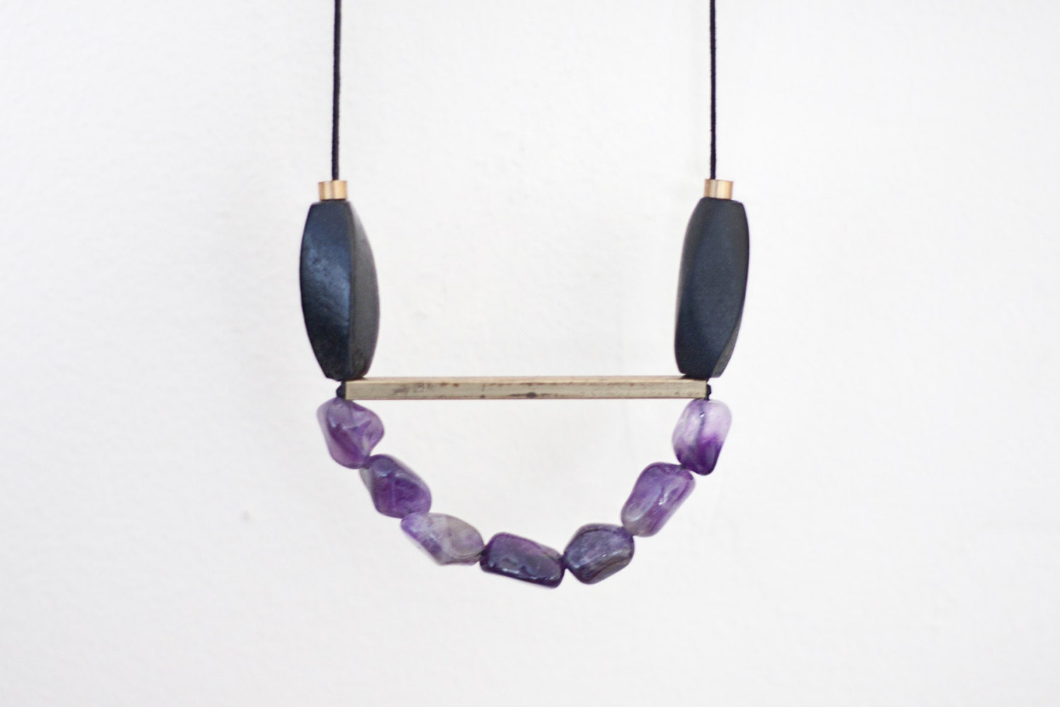 LAST ONE geometric,tribal, purple stones, brass tubes, black wood beads, black rope, long, necklace