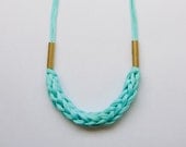 LAST ONE pale blue vintage woven fabric necklace with brass tubes, adjustable length