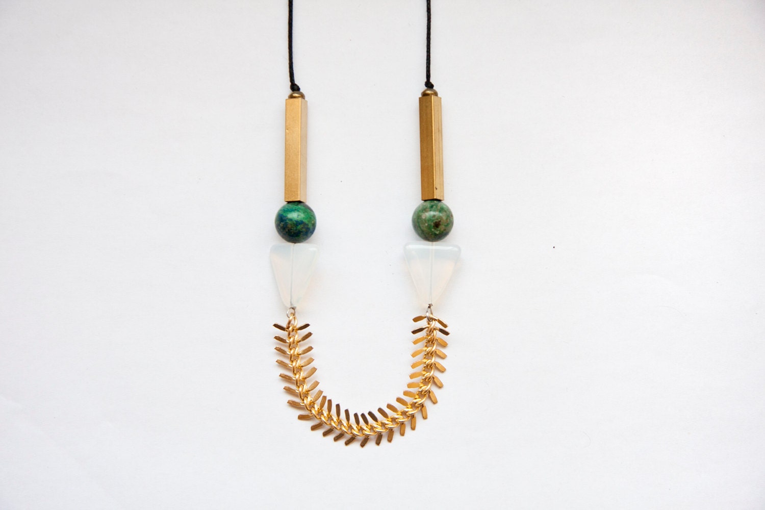 LAST ONE, long necklace, gold chain, white triangle glass beads, green beads, rectangular brass beads, black cord, adjustable