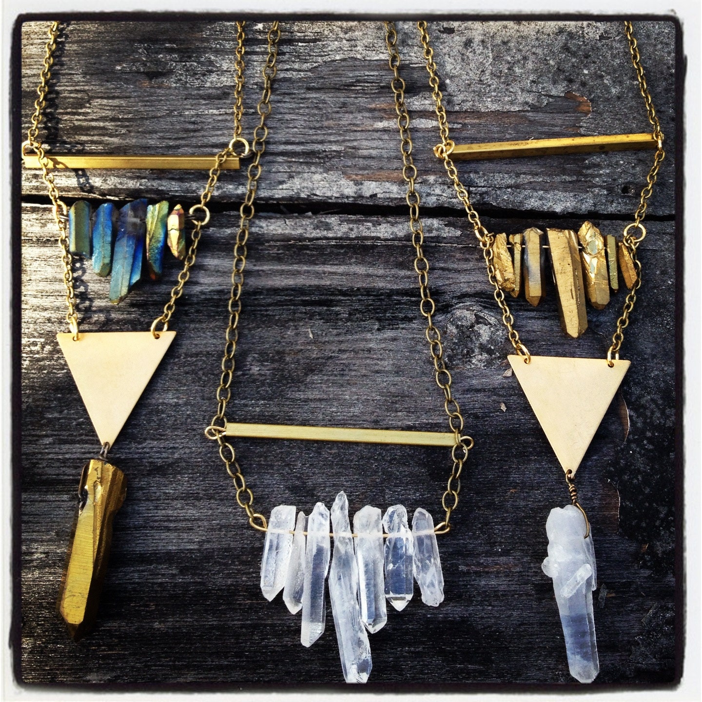 Raw Brass & Clear Crystal Quartz Geometry Necklace - Gift Boxed