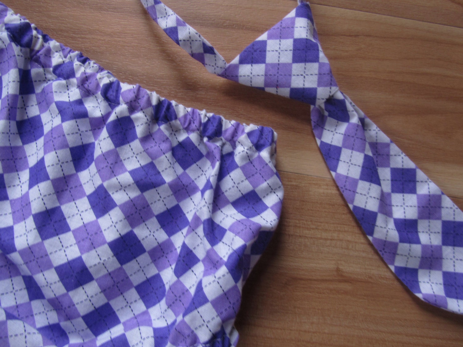 Boy Outfit for First Birthday, Cake Smash Clothing, Spring Picture Prop, Necktie and Diaper Cover - Purple Argyle