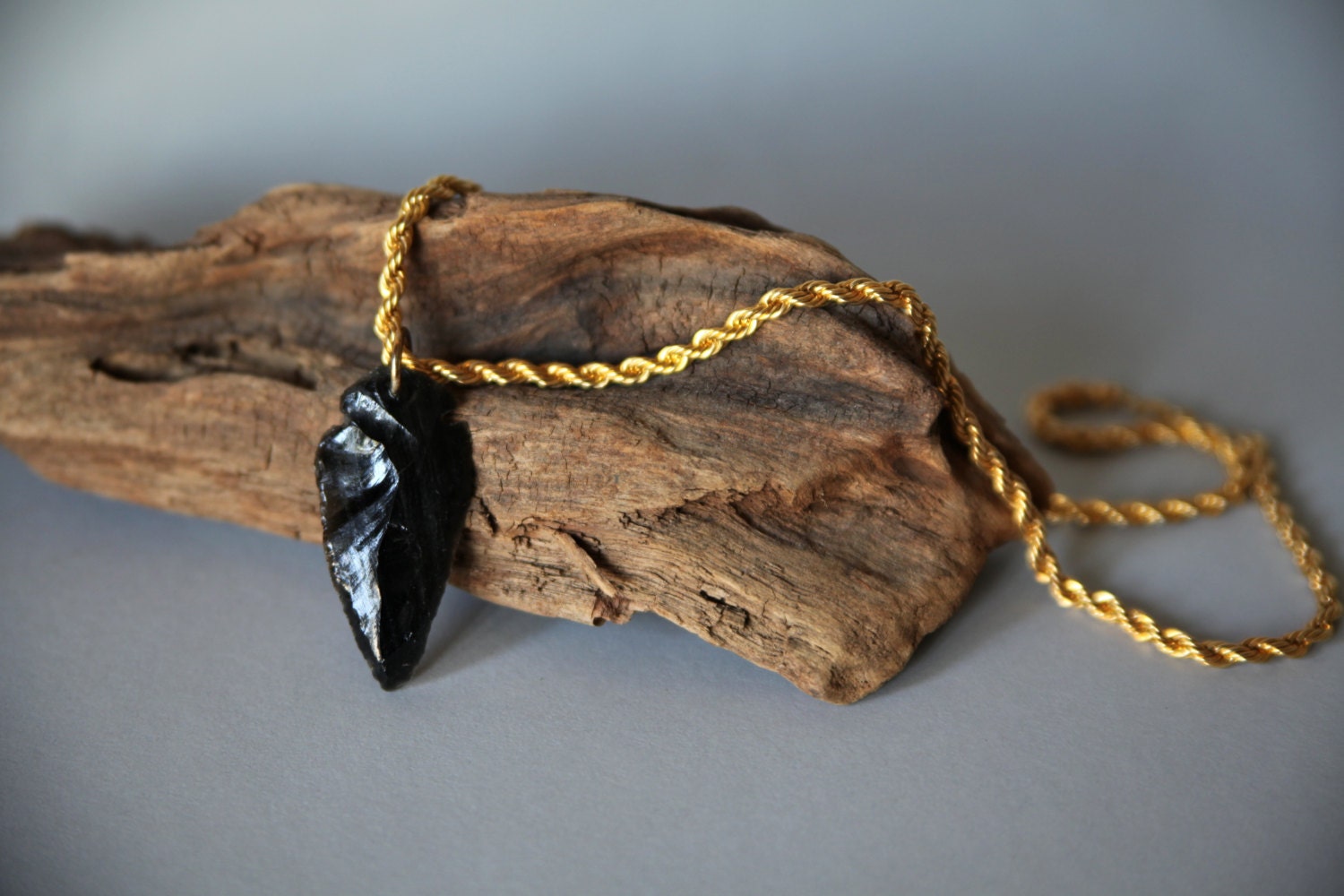 Black Obsidian Arrowhead Necklace on Thick Vintage 14K GP Gold Rope Chain