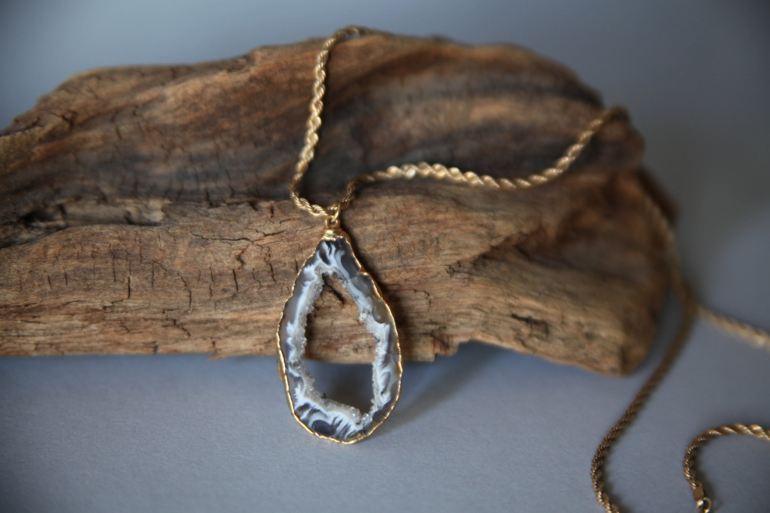 Smoky Grey Gold Dipped Druzy Agate Geode Slice Necklace on Vintage Krementz Gold Rope Chain