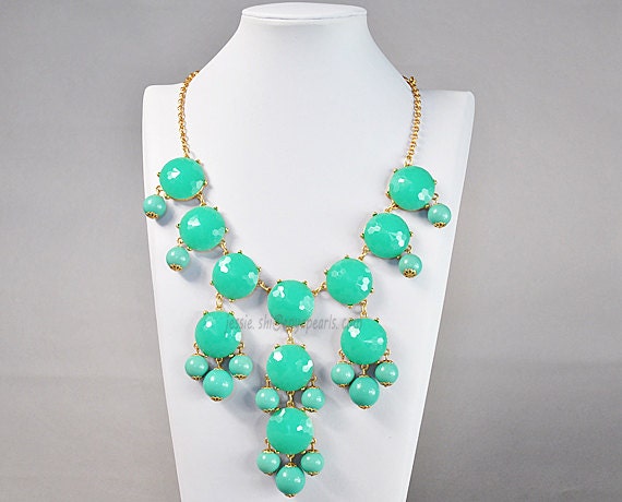 Bubble Necklace, Lake Blue Necklace, Gold Tone Necklace, Turquoise Green Necklace, Statement Necklace (FN0508-Turquoise Green)