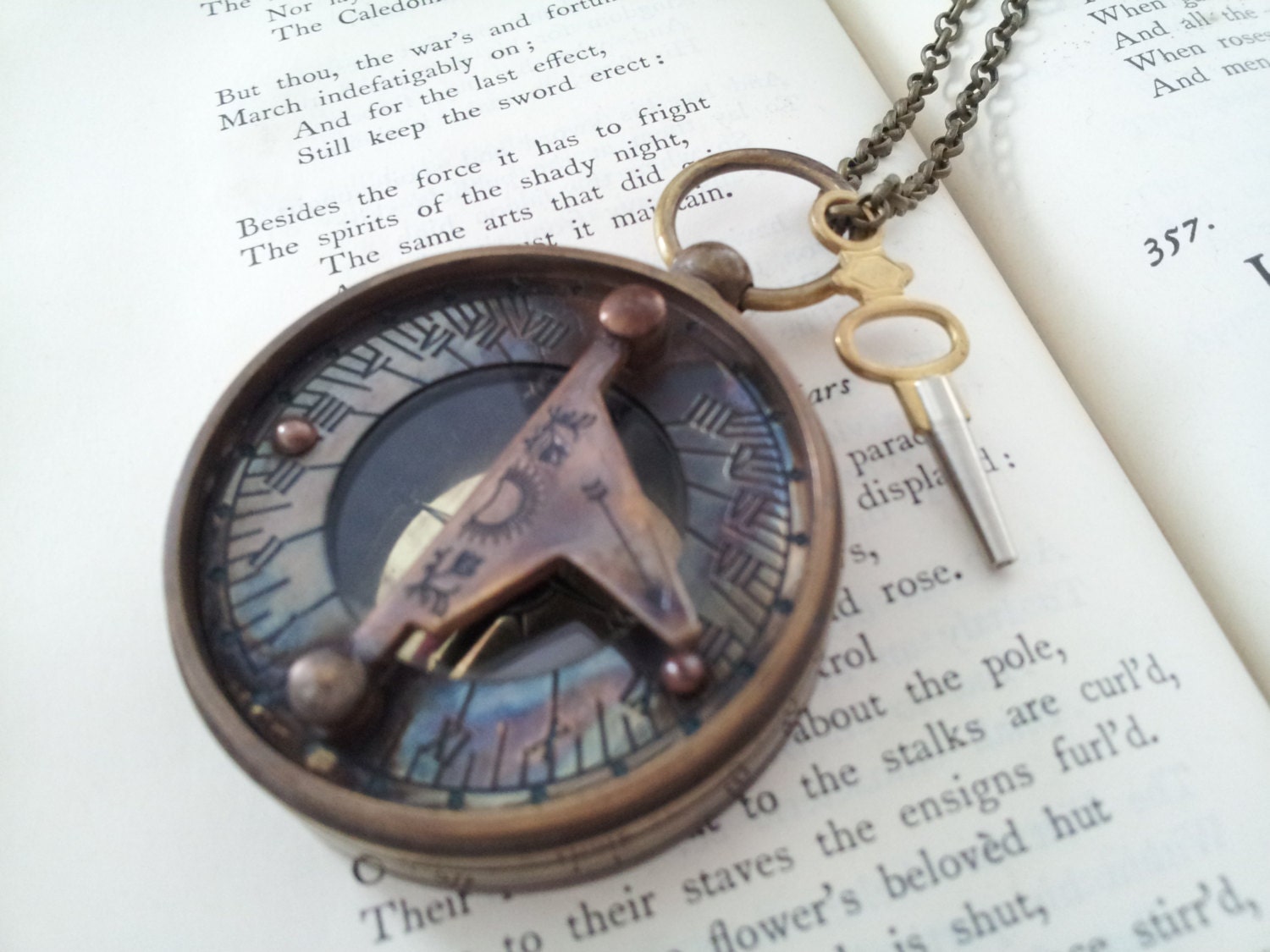 Lost at  sea -  Ox Brass compass sundial necklace with antique pocket watch key