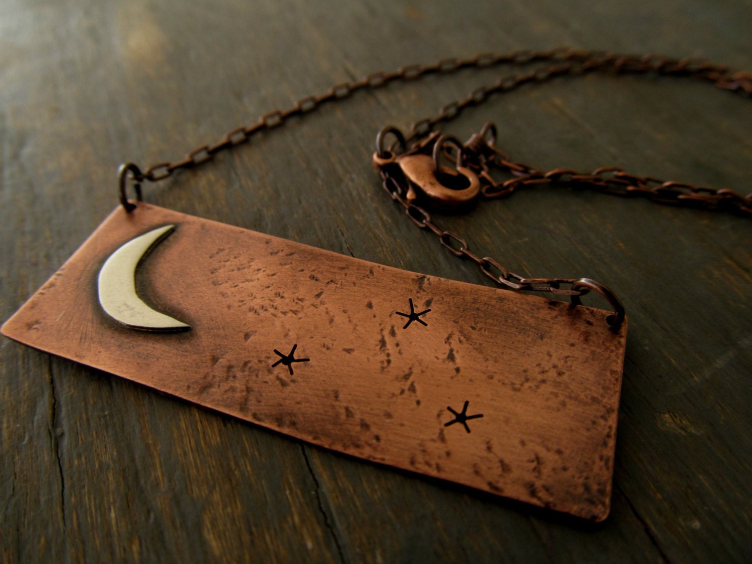 Crescent Moon and Stars Pendant - Copper and Sterling Silver Necklace
