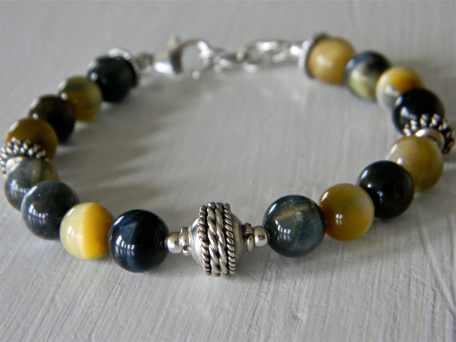 Man Bracelet Tiger Eye Blue Golden Stone Beaded