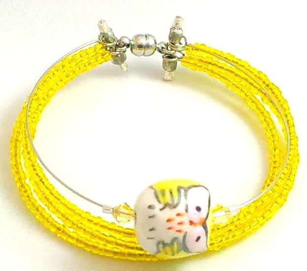 Handmade, Original Design Bangle Bracelet, Made with Seed Beads, Crystals on Memory Wire with Hand-painted Ceramic Owl, 7.5in, Fast Shipping
