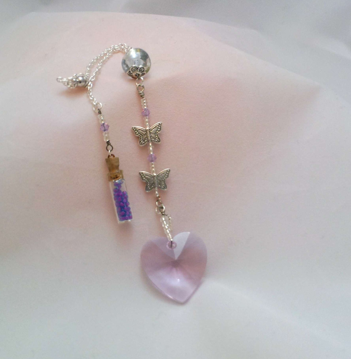 Rear view Mirror Charm, Car Charm, Sun Catcher, Huge Swarovski Crystal Heart, Butterfly Charms,  Magnetic Clasp on Chain Fast Shipping