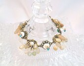 Handmade One of a Kind Romantic Beaded Bracelet Antique-Bronze Charm with Shell, Turquoise Glass and Seed Bead Gold Plate Magnetic Clasp