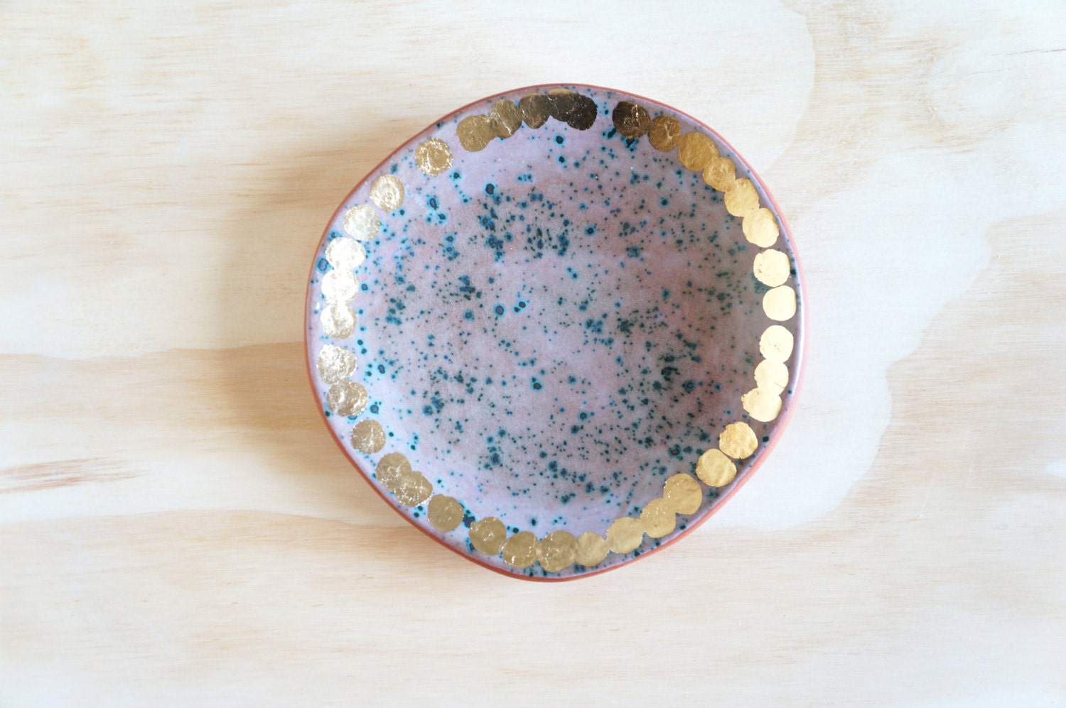 7 inch terracotta plate with speckled turquoise and gold