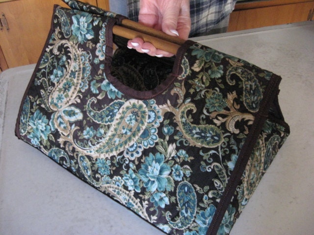 Casserole Carrier Rectangle Quilted Double Sided Fabric Teal, Aqua, Blue & Tan Paisley on Brown, Seal Brown Trim Kitchen Accessories