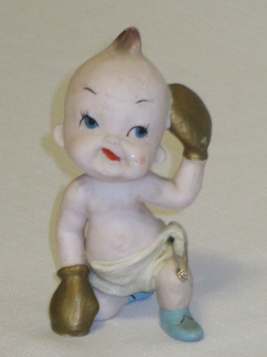 Rare Bisque Kewpie Doll Wearing Gold Boxing Gloves Yellow Diaper Safety Pin