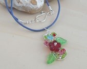 Woven Wire Red Flower Power Necklace Sterling Silver Wrapped Wrap Spring Fashion Jewelry Handmade Floral Beaded Beadwork Blue Leather Cord