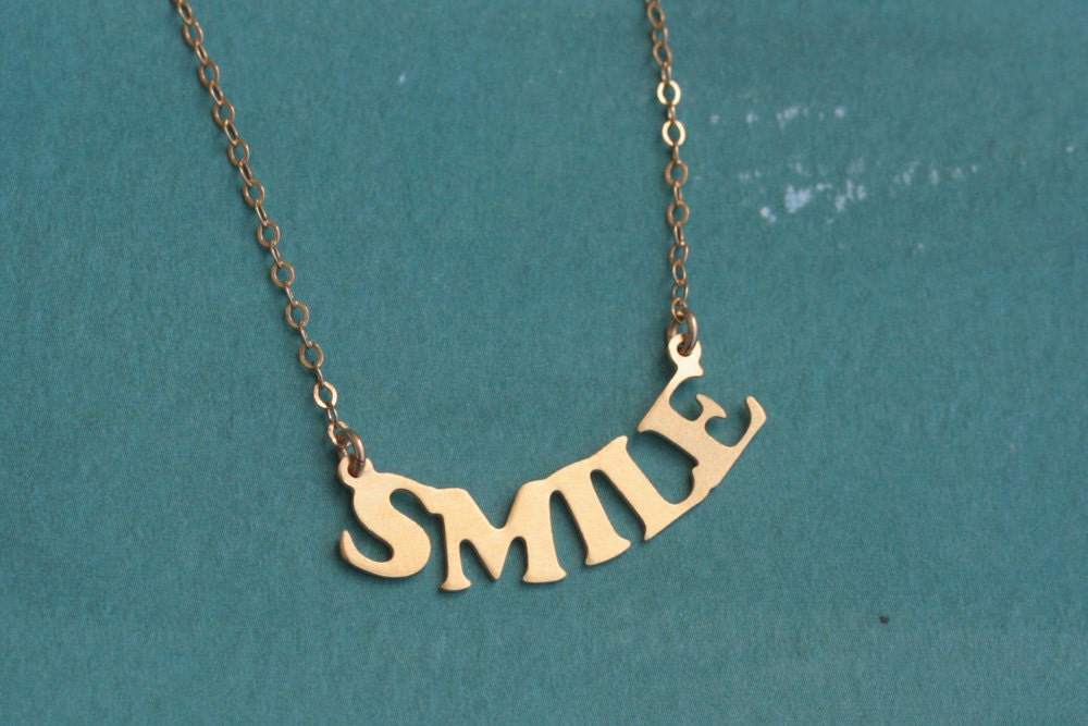 Gold SMILE Necklace, Don't Worry- Be Happy, Word Charm, Gift for Women- Ready to Ship