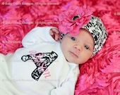 Baby Girl Onesie or Gown with Flower Beanie Hat - Hot Pink Damask Initial Applique - Newborn thru 12 months