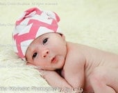 Newborn Baby Top Knot Hat - Pink and White Chevron Cotton