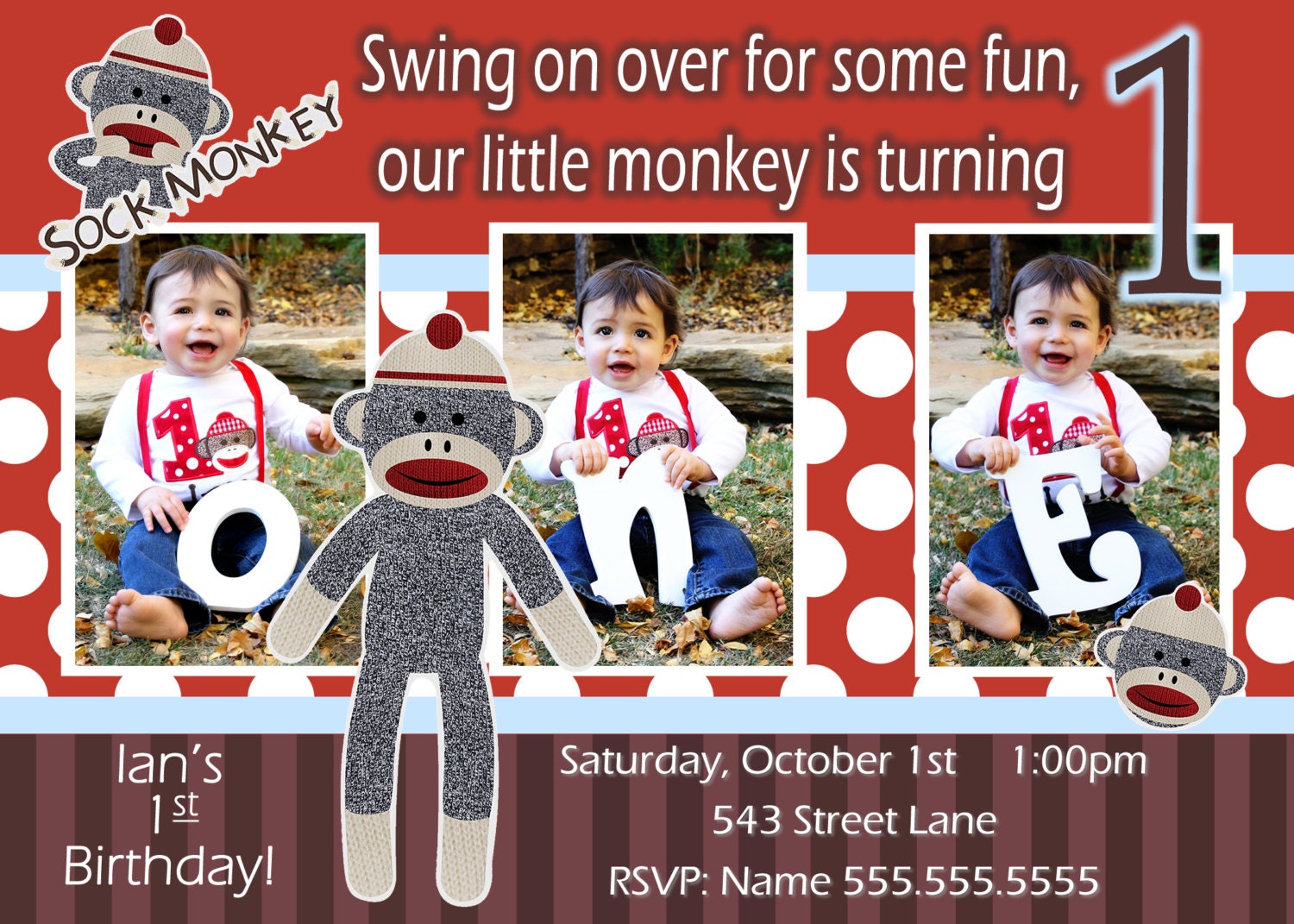 Sock Monkey Invitation Boy - Sock Monkey Invite - 1st Birthday Party Invite - Sock Monkey Birthday  - Sock Monkey Party