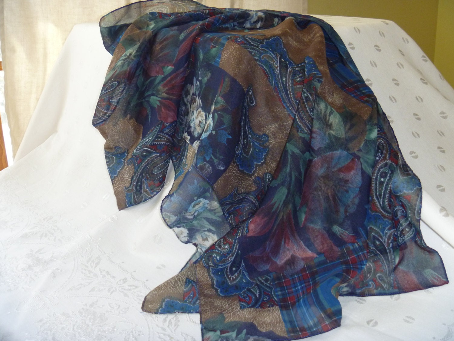 PAISLEY FLORAL PLAID Vintage Nylon Neck Scarf in Mixed Colors
