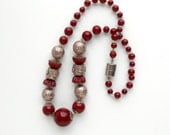 Art Deco Glass Necklace. Tooled Silver Beads.  Pressed Glass Beads. Raspberry Chocolate.