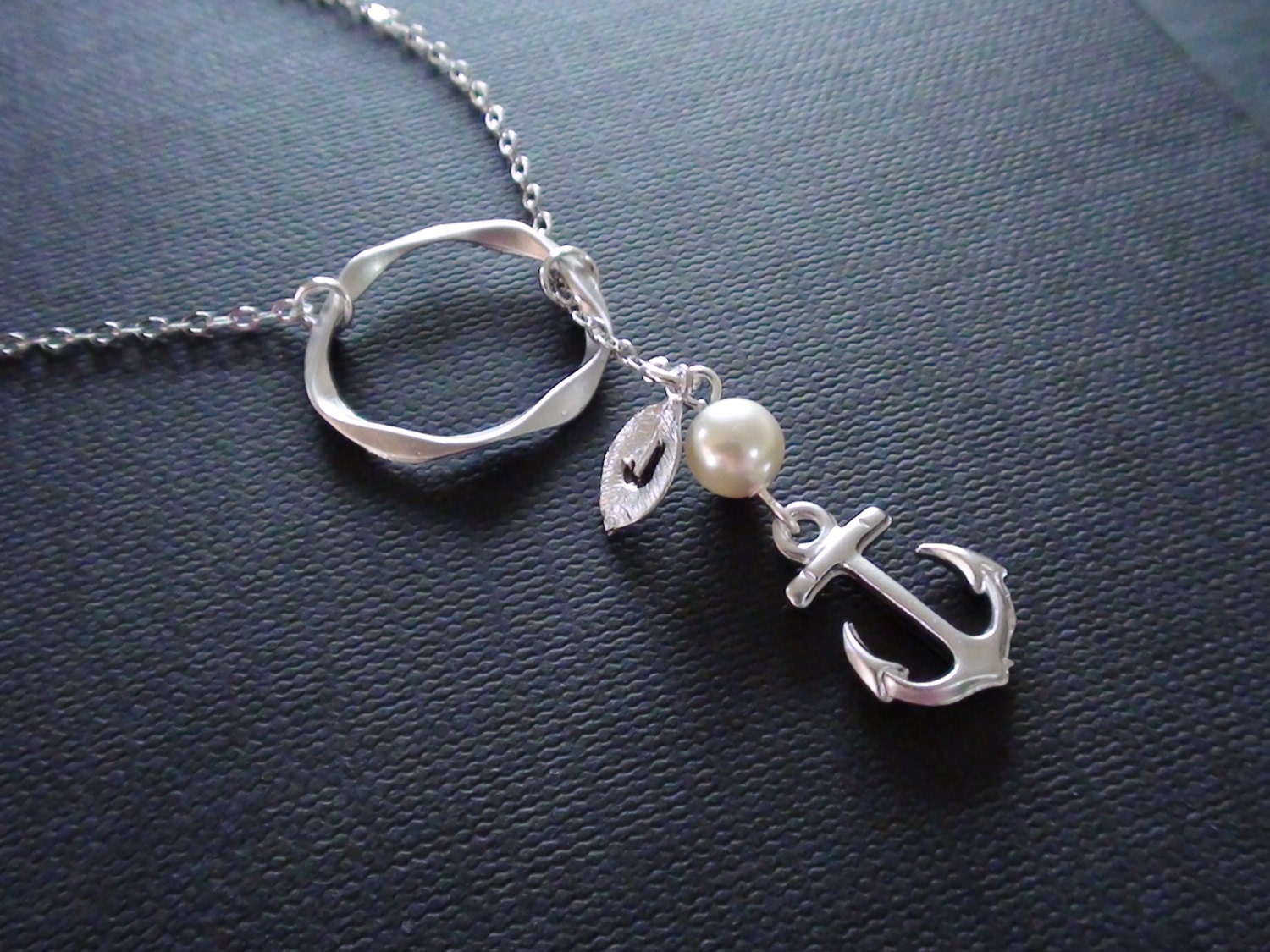 Sale-Personalized Initial, Twisted Circle Connector, Swarovski Cream Pearl With Mini Anchor Charm -16k White Gold Lariat Necklace
