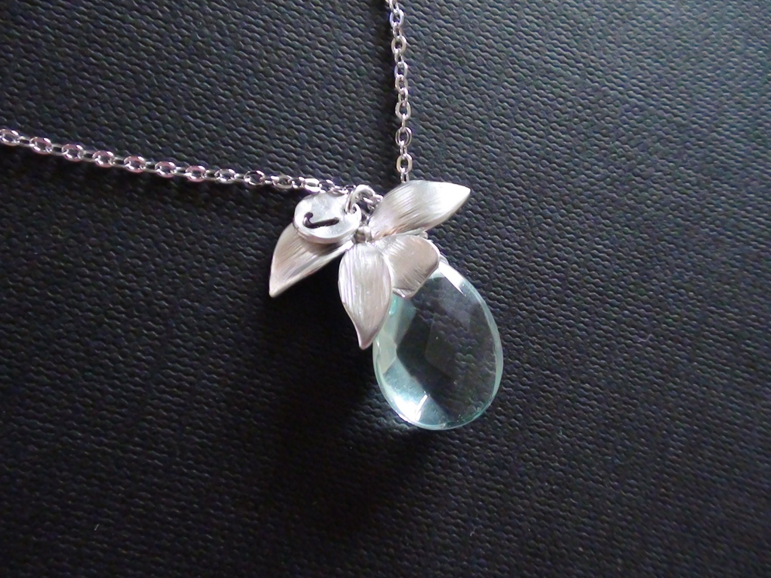 Sale-Personalized Birthstones, Initial crushed mini coin charm, Aqauamarine Quartz Briolette, Orchid Flower Connector-Bridesmaids Gift