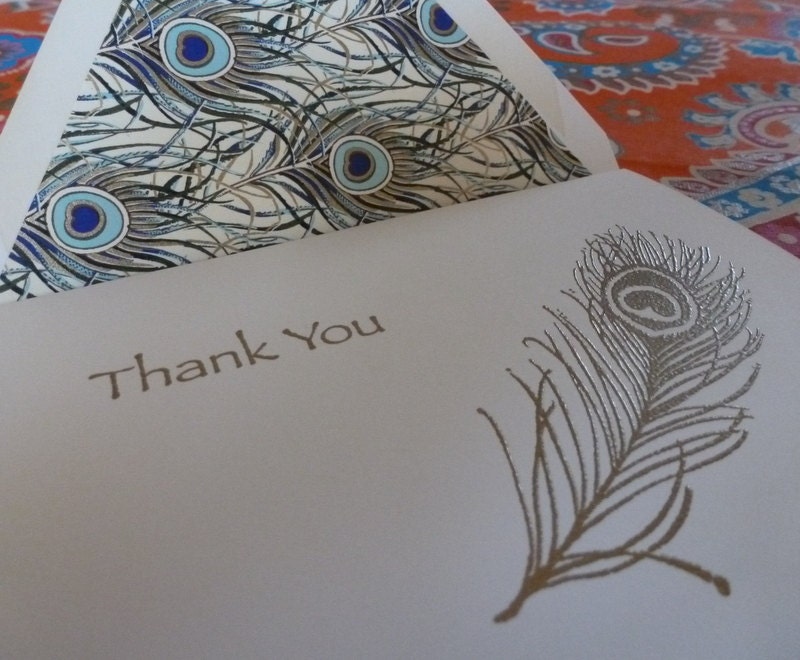 Gold Peacock Feather Thank You Cards.  Set of five embossed note cards with peacock feather lined envelopes.
