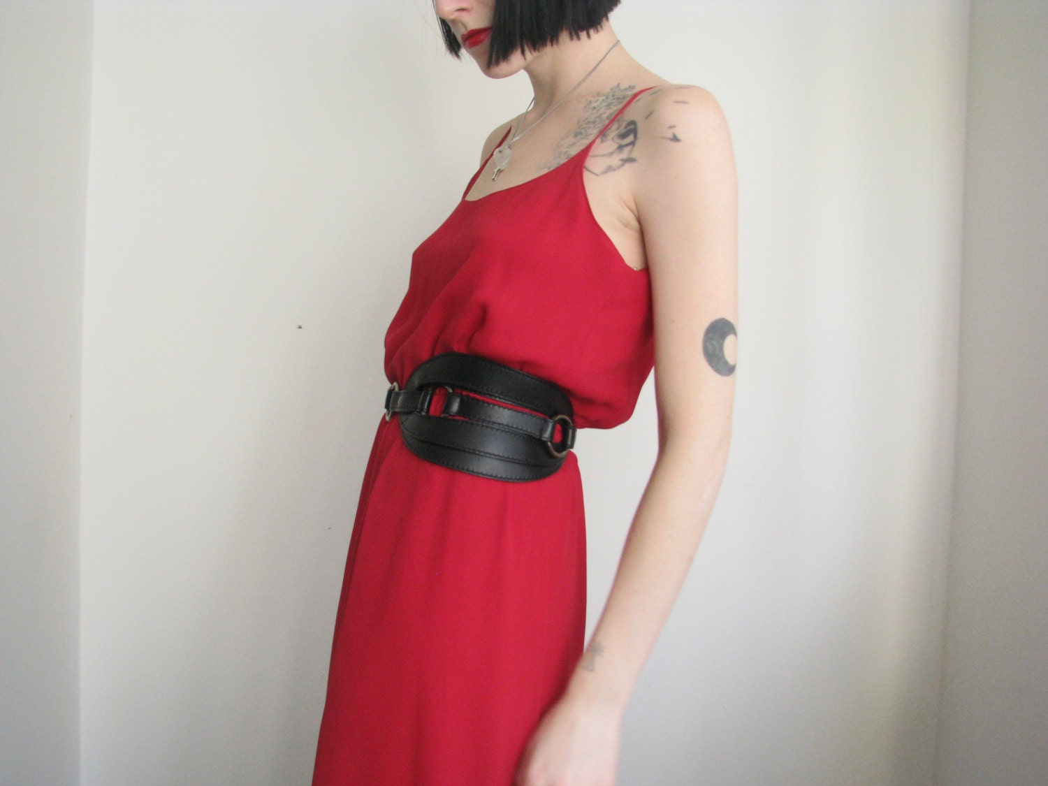 80s red chiffon maxi shift dress /small
