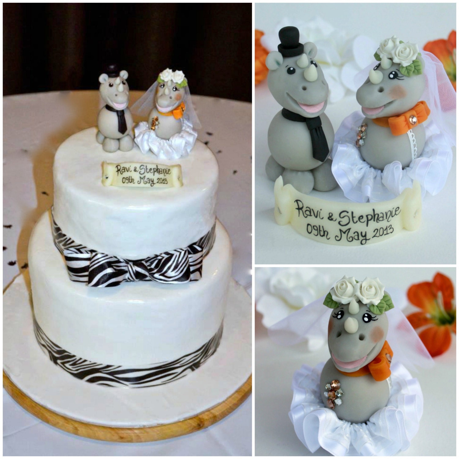 Rhino wedding custom cake topper with banner, orange wedding, jungle safari cake topper