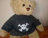 Teddy Bear Sweater - Hand knitted - Dark Grey with Skull and Crossbones