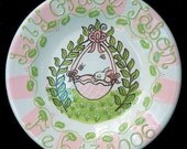 A Personalized Hand Painted "Baby Bunny in Cradle" Ceramic Plate for Newborn Girl or Boy