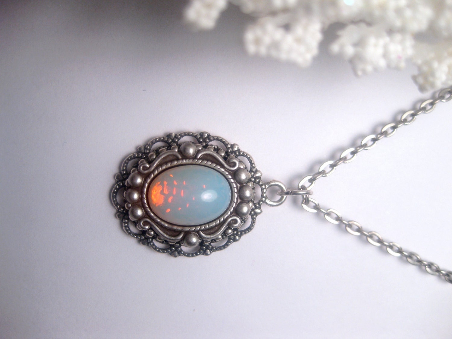 Blue Unicorn Snow Fire Opal Necklace