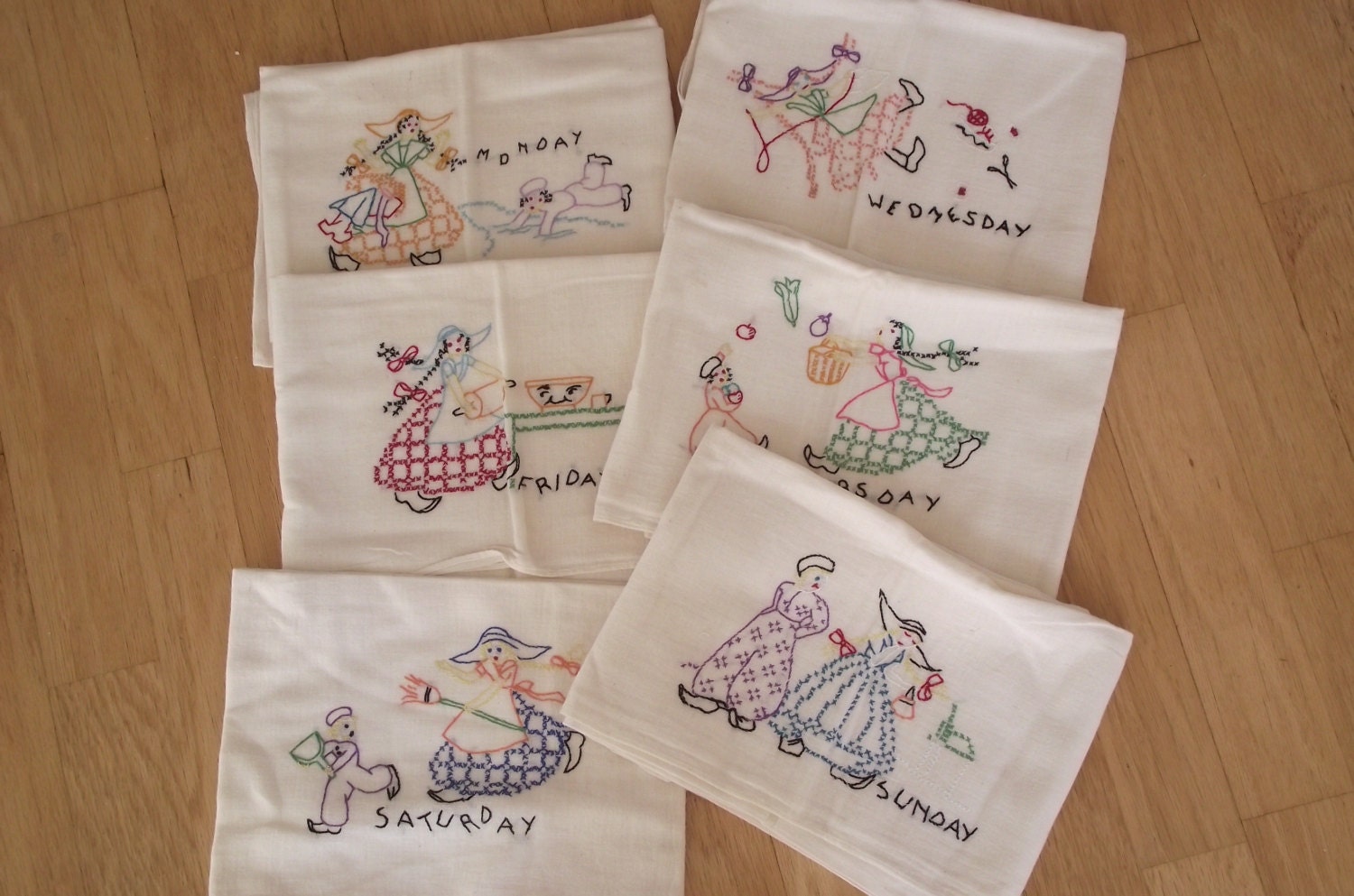 Vintage Day of the Week Embroidered Kitchen Towels- muslin-dutch girls