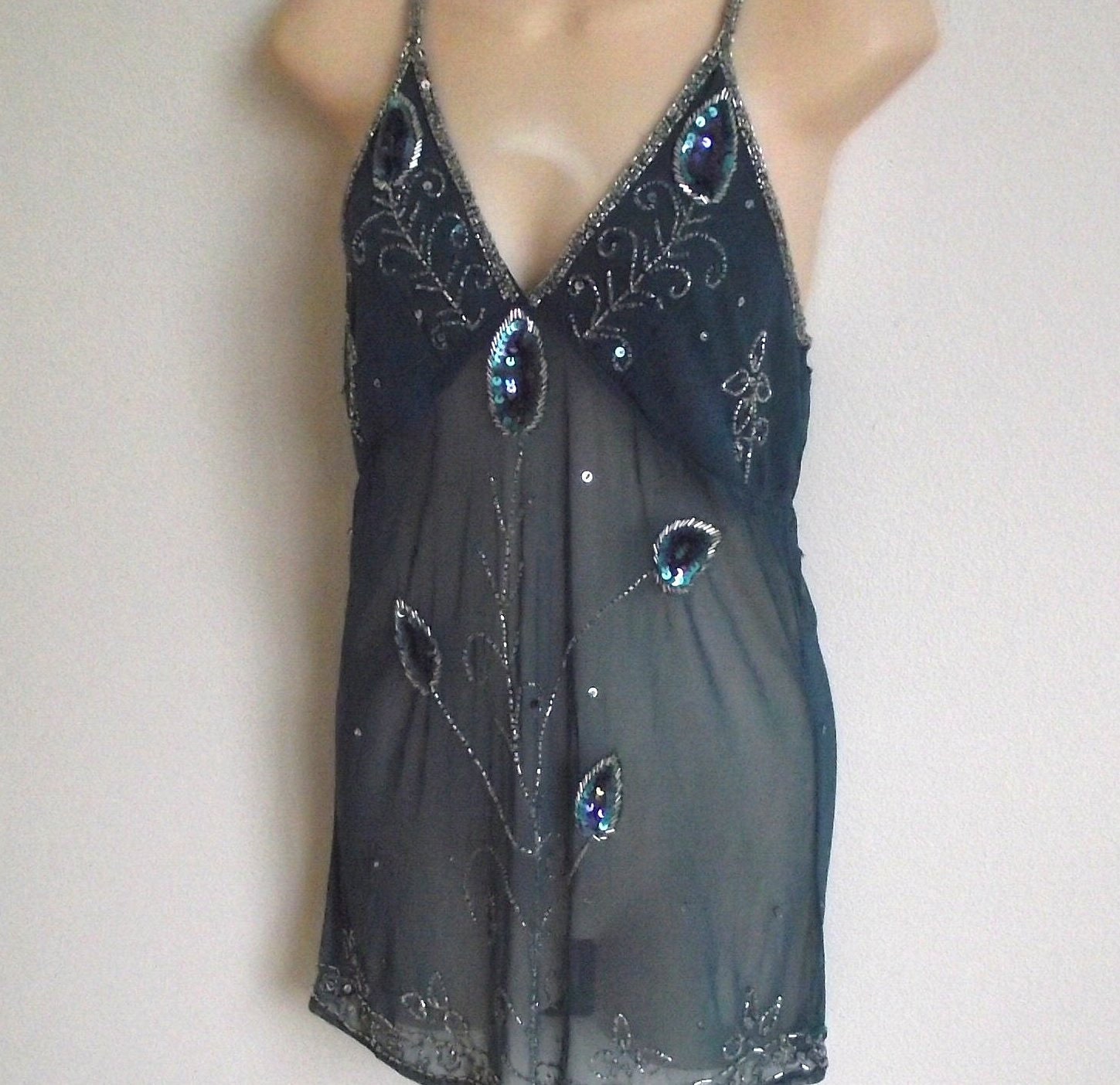 Vintage sheer camisole tank top beaded Gatsby style -stunning
