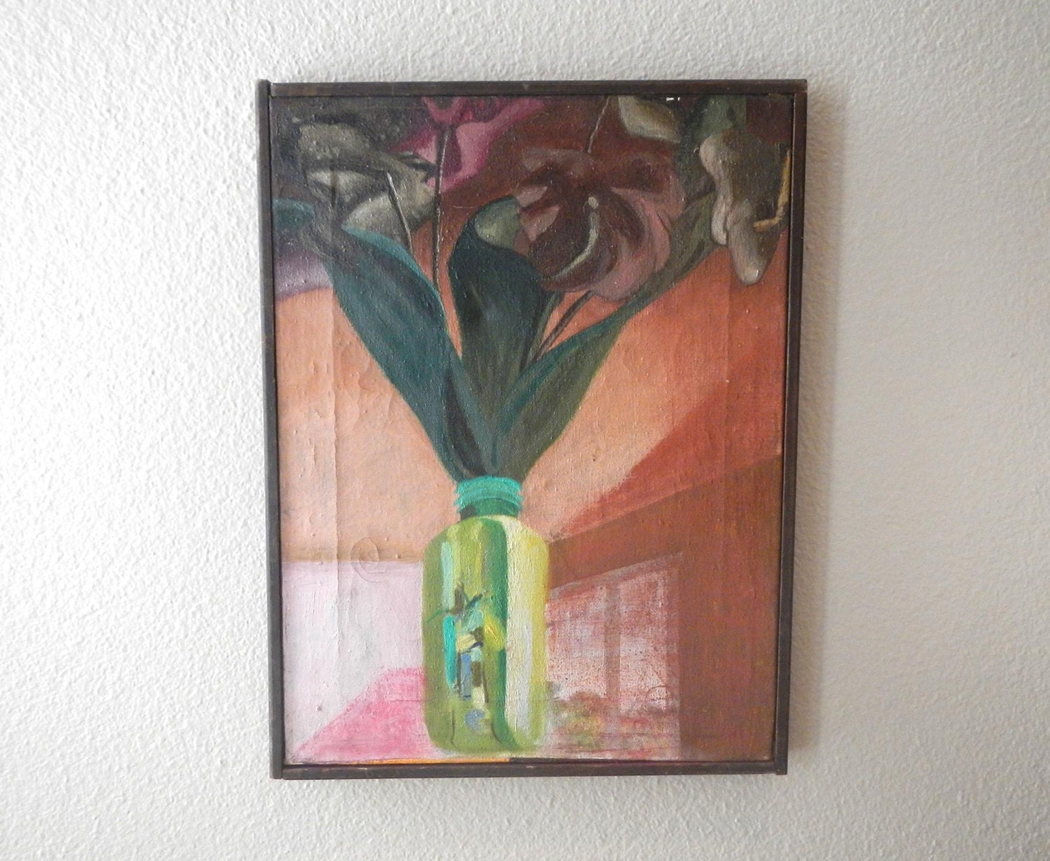 Vintage Abstract Floral Painting, Original Oil on Canvas, 1940s Late Art Deco