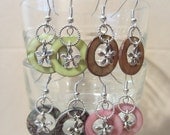 Shell Disc Dangle Earrings w/ Silver Flower Charms