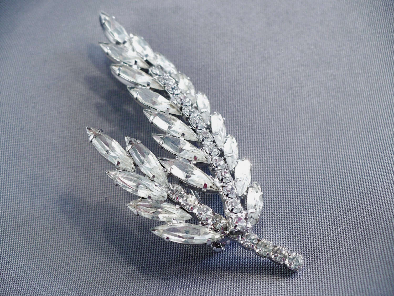 Elegant Vintage Marquise Rhinestone Brooch, Two Large Leaves