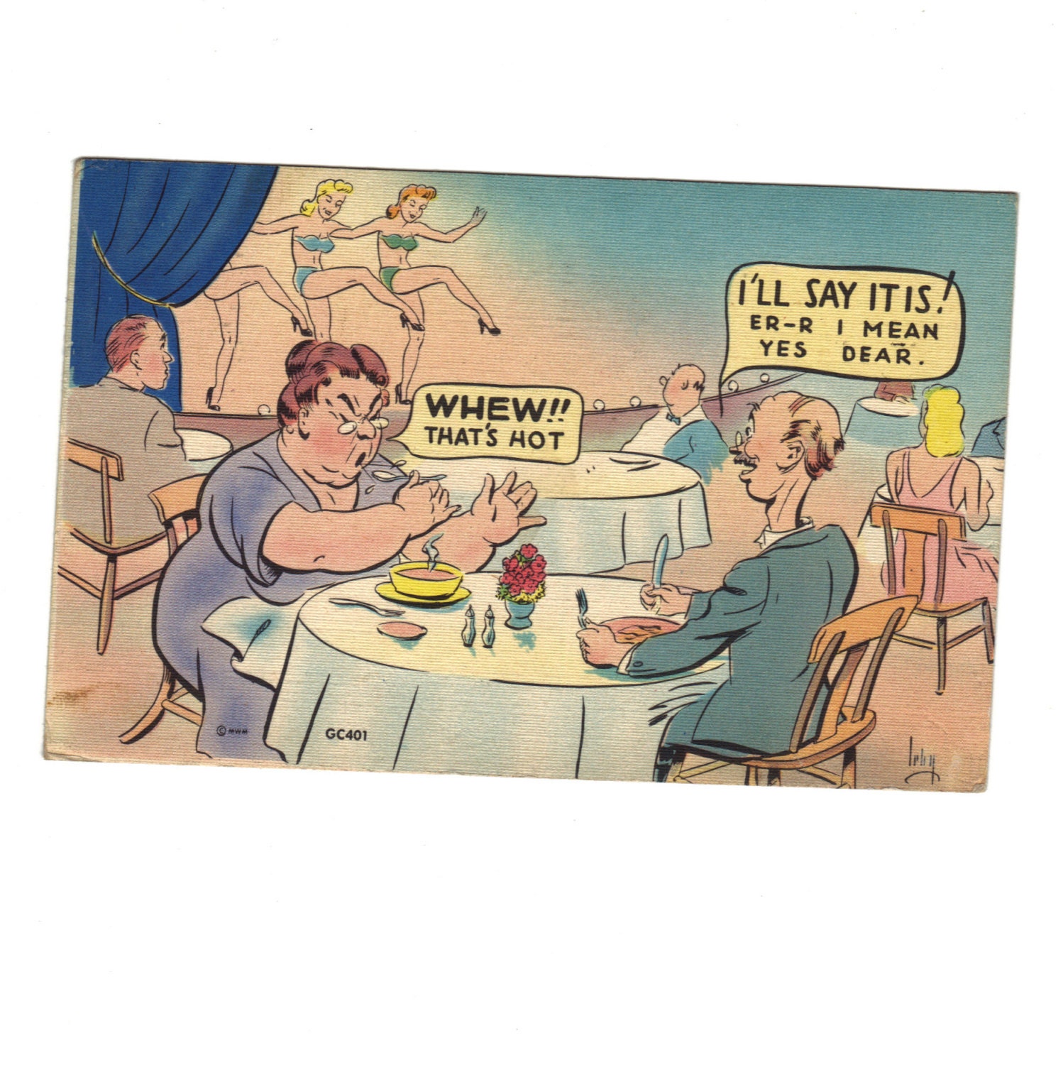 1940s sexy humor vintage postcard with old couple and dancing girls
